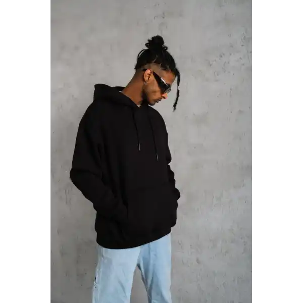 Erkek 3 İplik Pamuklu Kapüşonlu Kanguru Cepli Sweatshirt Hoodie -  Siyah
