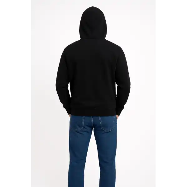 Erkek 3 İplik Pamuklu Kapüşonlu Kanguru Cepli SweatShirt hoodie - Siyah