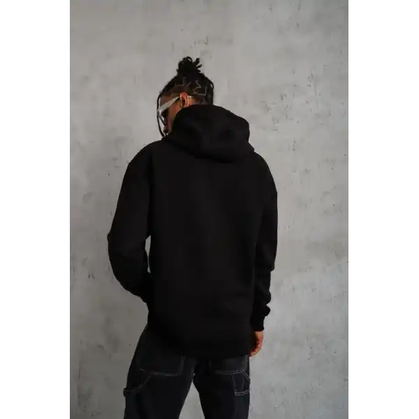 Erkek 3 İplik Pamuklu Kapüşonlu Kanguru Cepli Sweatshirt Hoodie -  Siyah
