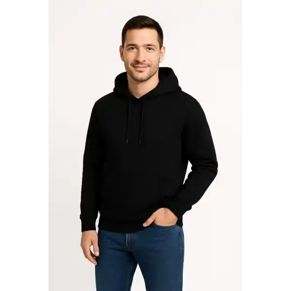 Erkek 3 İplik Pamuklu Kapüşonlu Kanguru Cepli SweatShirt hoodie - Siyah