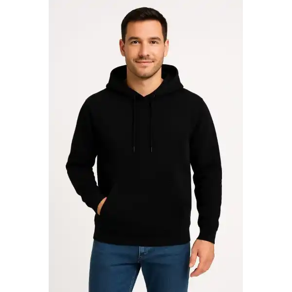 Erkek 3 İplik Pamuklu Kapüşonlu Kanguru Cepli SweatShirt hoodie - Siyah