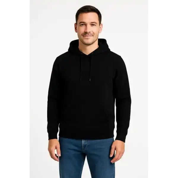 Erkek 3 İplik Pamuklu Kapüşonlu Kanguru Cepli SweatShirt hoodie - Siyah