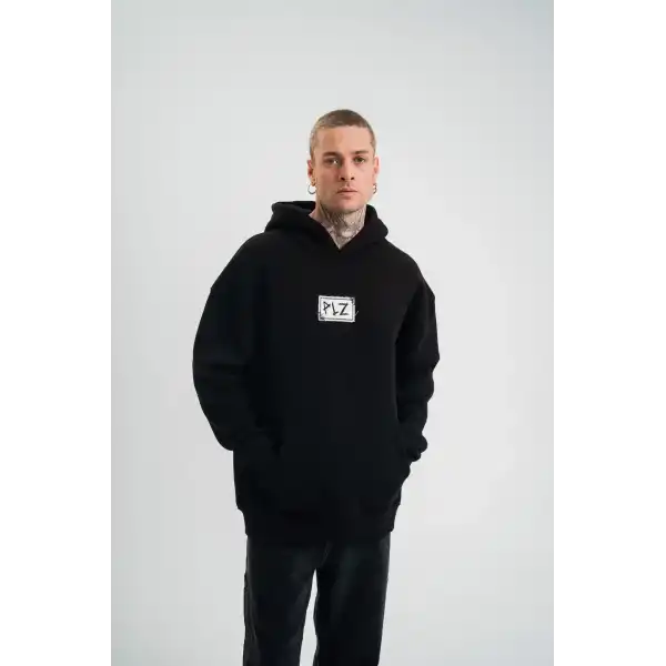 ERKEK 3 İplik Pamuklu Kapüşonlu Patchli Nakışlı Hoodie SweatShirt - Siyah