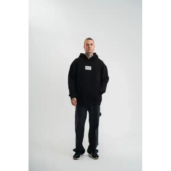 ERKEK 3 İplik Pamuklu Kapüşonlu Patchli Nakışlı Hoodie SweatShirt - Siyah
