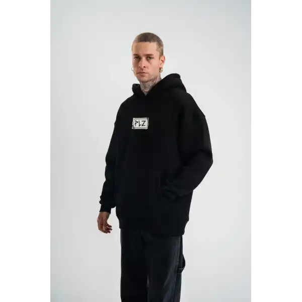 ERKEK 3 İplik Pamuklu Kapüşonlu Patchli Nakışlı Hoodie SweatShirt - Siyah