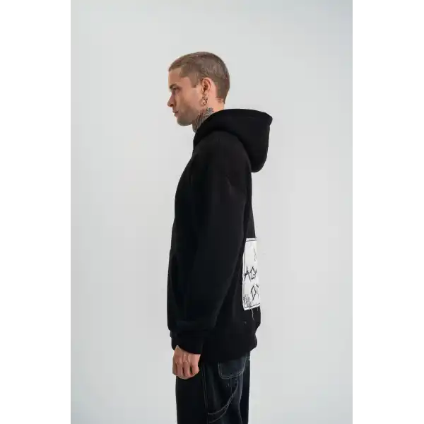 ERKEK 3 İplik Pamuklu Kapüşonlu Patchli Nakışlı Hoodie SweatShirt - Siyah