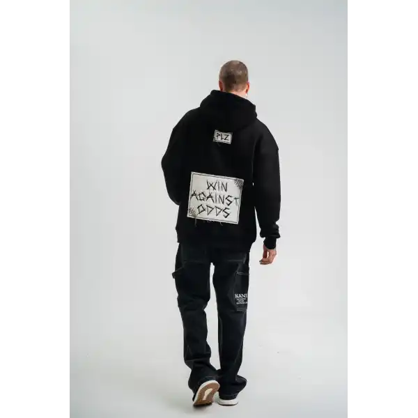 ERKEK 3 İplik Pamuklu Kapüşonlu Patchli Nakışlı Hoodie SweatShirt - Siyah