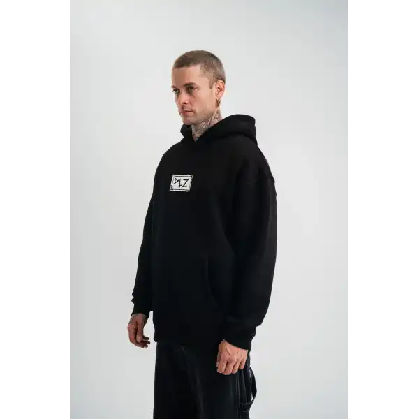 ERKEK 3 İplik Pamuklu Kapüşonlu Patchli Nakışlı Hoodie SweatShirt - Siyah