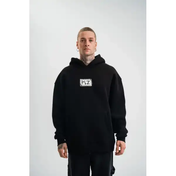 ERKEK 3 İplik Pamuklu Kapüşonlu Patchli Nakışlı Hoodie SweatShirt - Siyah