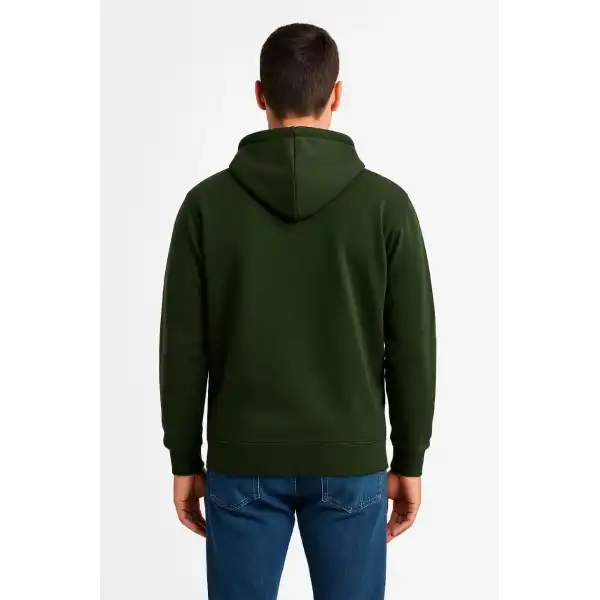 Erkek 3 İplik Pamuklu Kapüşonlu Tam Fermuarlı Cepli Hoodie Sweatshirt - Haki