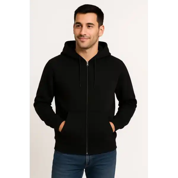 Erkek 3 İplik Pamuklu Kapüşonlu Tam Fermuarlı Cepli Hoodie Sweatshirt - Siyah