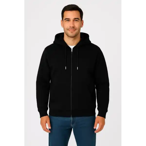 Erkek 3 İplik Pamuklu Kapüşonlu Tam Fermuarlı Cepli Hoodie Sweatshirt - Siyah
