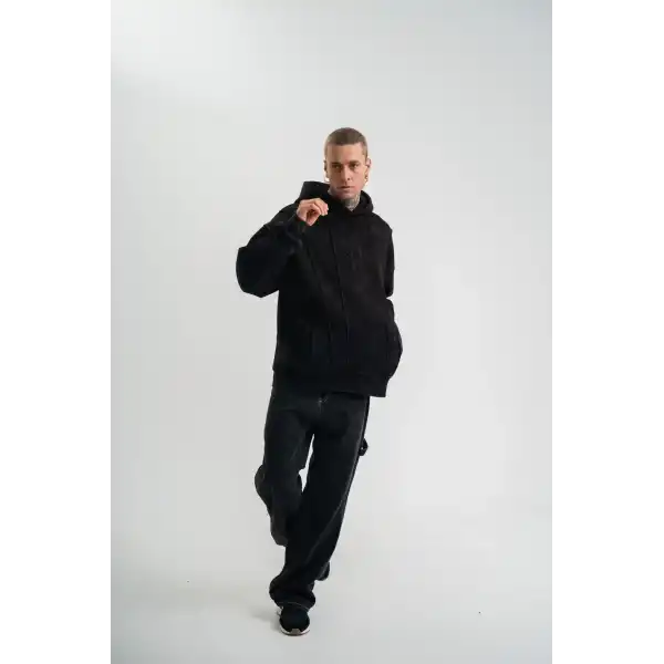 ERKEK 3 iplik Pamuklu Kapüşonlu Yıkamalı Nakışlı Hoodie SweatShirt - Siyah