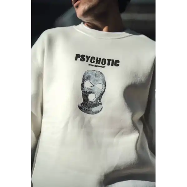 Erkek 3 iplik pamuklu Kışlık Bisiklet Yaka Baskılı SweatShirt - Beyaz