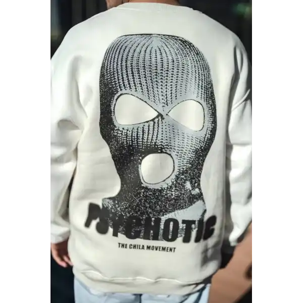 Erkek 3 iplik pamuklu Kışlık Bisiklet Yaka Baskılı SweatShirt - Beyaz