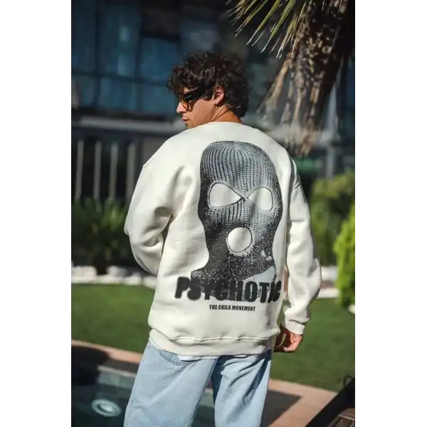 Erkek 3 iplik pamuklu Kışlık Bisiklet Yaka Baskılı SweatShirt - Beyaz