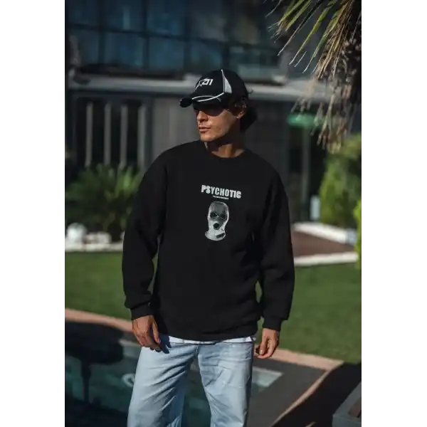 Erkek 3 iplik pamuklu Kışlık Bisiklet Yaka Baskılı SweatShirt - Siyah