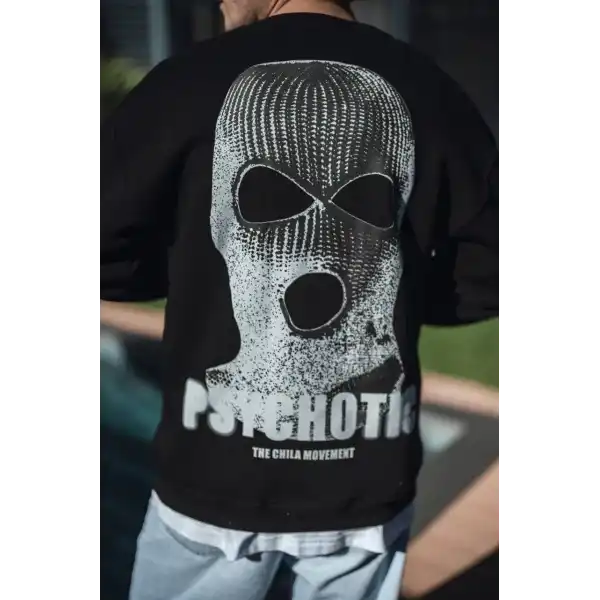 Erkek 3 iplik pamuklu Kışlık Bisiklet Yaka Baskılı SweatShirt - Siyah