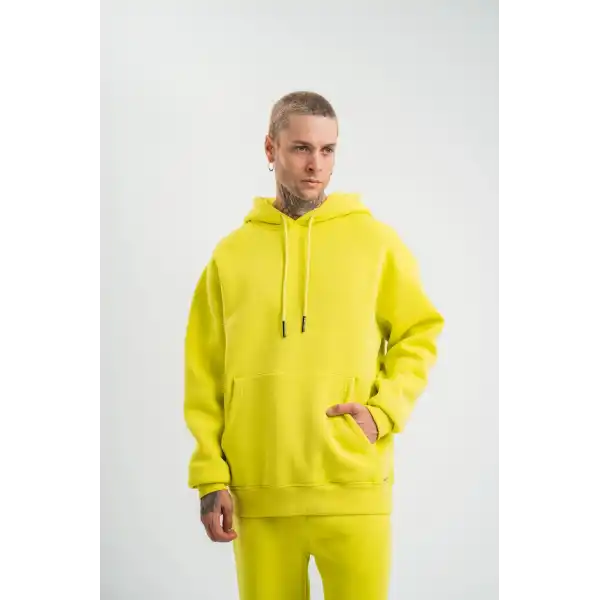 ERKEK 3 İplik Pamuklu Oversize Kapşonlu SweatShirt Hoodie - Sarı