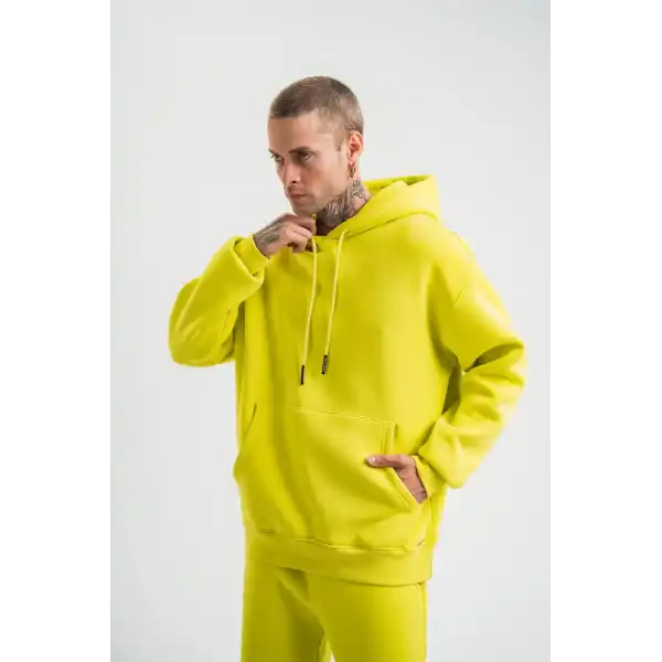 ERKEK 3 İplik Pamuklu Oversize Kapşonlu SweatShirt Hoodie - Sarı
