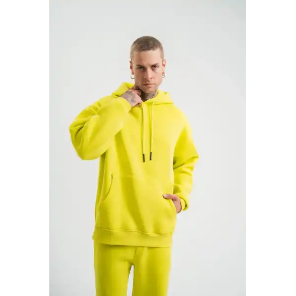 ERKEK 3 İplik Pamuklu Oversize Kapşonlu SweatShirt Hoodie - Sarı