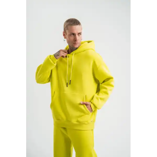 ERKEK 3 İplik Pamuklu Oversize Kapşonlu SweatShirt Hoodie - Sarı
