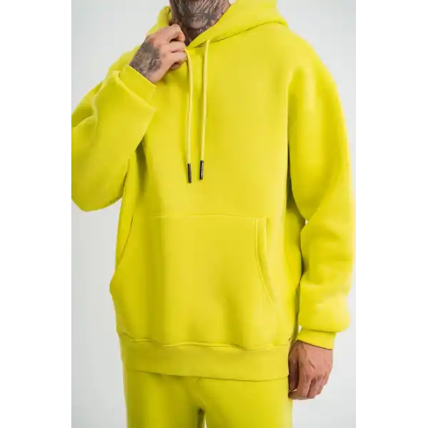 ERKEK 3 İplik Pamuklu Oversize Kapşonlu SweatShirt Hoodie - Sarı