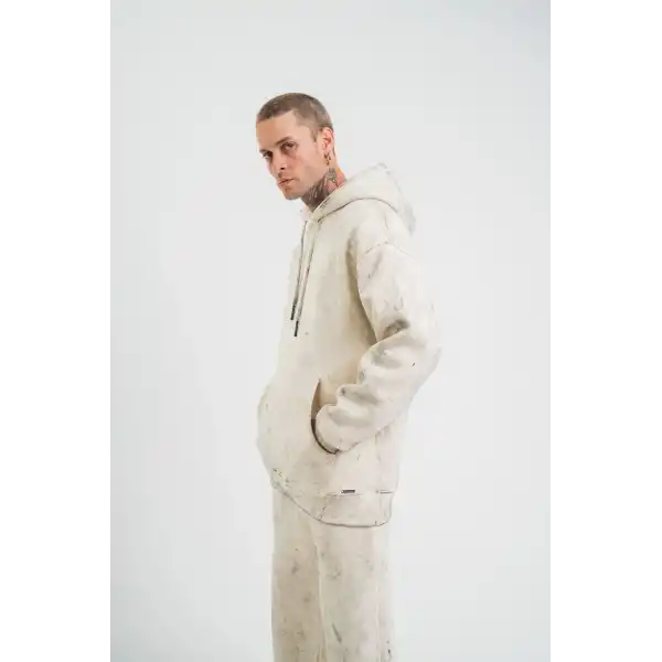 ERKEK  3 iplik Pamuklu Oversize Kapşonlu Yıkamalı SweatShirt Hoodie - Krem