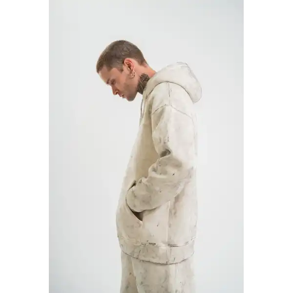 ERKEK  3 iplik Pamuklu Oversize Kapşonlu Yıkamalı SweatShirt Hoodie - Krem