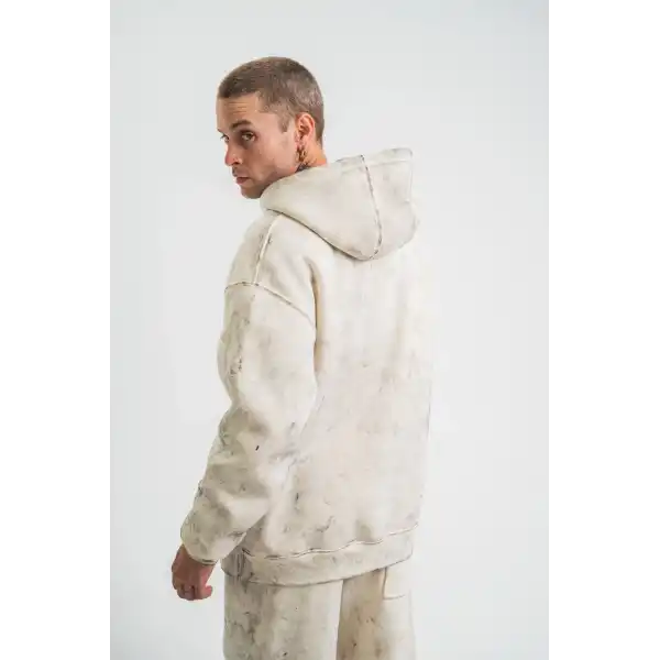 ERKEK  3 iplik Pamuklu Oversize Kapşonlu Yıkamalı SweatShirt Hoodie - Krem