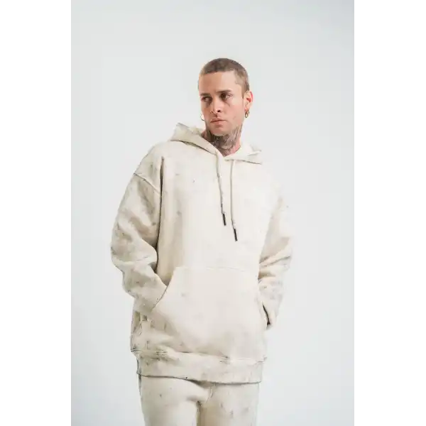 ERKEK  3 iplik Pamuklu Oversize Kapşonlu Yıkamalı SweatShirt Hoodie - Krem