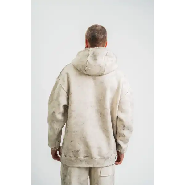 ERKEK  3 iplik Pamuklu Oversize Kapşonlu Yıkamalı SweatShirt Hoodie - Krem