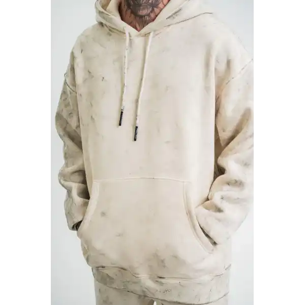 ERKEK  3 iplik Pamuklu Oversize Kapşonlu Yıkamalı SweatShirt Hoodie - Krem