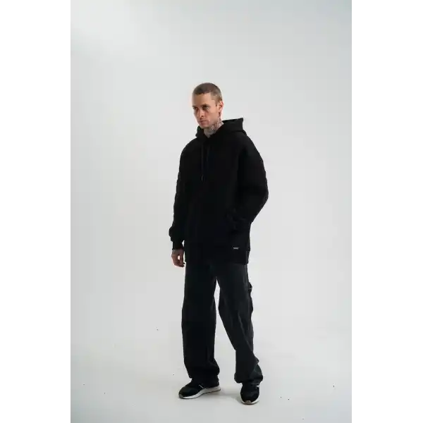 Erkek 3 İplik Pamuklu Oversize Kapüşonlu Nakışlı Hoodie SweatShirt - Siyah