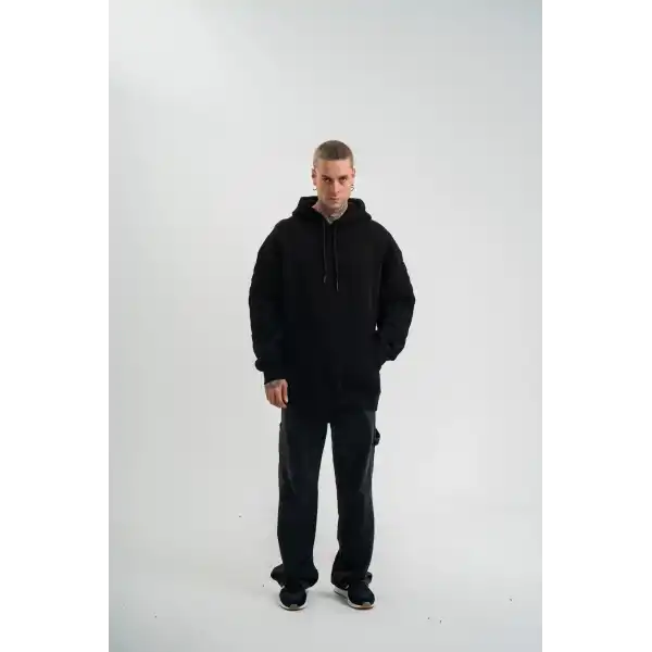 Erkek 3 İplik Pamuklu Oversize Kapüşonlu Nakışlı Hoodie SweatShirt - Siyah