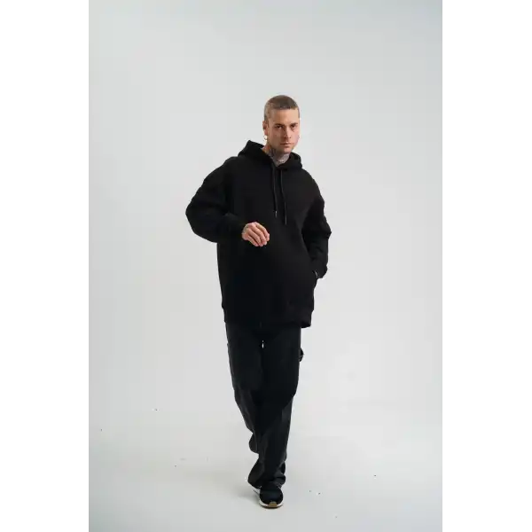 Erkek 3 İplik Pamuklu Oversize Kapüşonlu Nakışlı Hoodie SweatShirt - Siyah