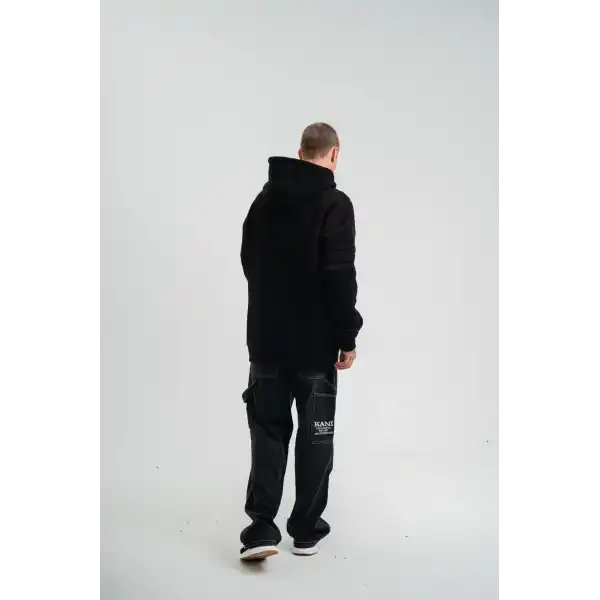 Erkek 3 İplik Pamuklu Oversize Kapüşonlu Nakışlı Hoodie SweatShirt - Siyah