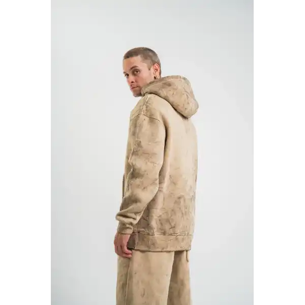 ERKEK 3 iplik Pamuklu Oversize Kapüşonlu Yıkamalı Hoodie SweatShirt - Bej