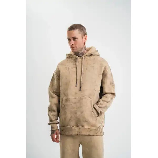 ERKEK 3 iplik Pamuklu Oversize Kapüşonlu Yıkamalı Hoodie SweatShirt - Bej