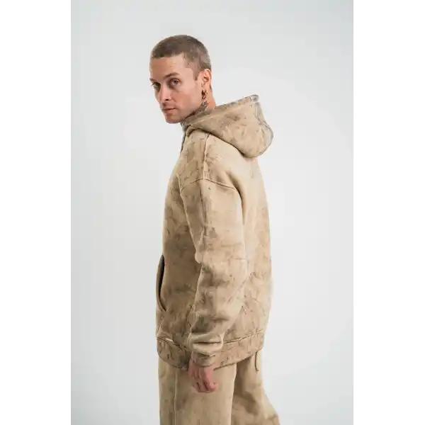 ERKEK 3 iplik Pamuklu Oversize Kapüşonlu Yıkamalı Hoodie SweatShirt - Bej