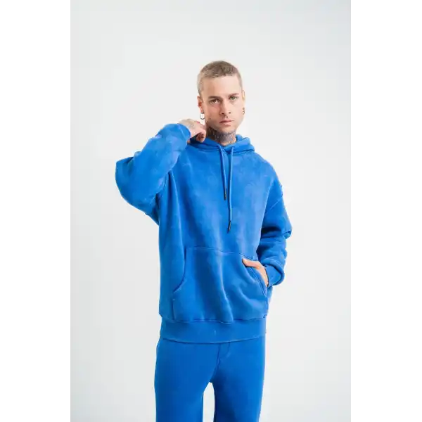 ERKEK 3 İplik Pamuklu Oversize Kapüşonlu Yıkamalı Hoodie SweatShirt - Mavi