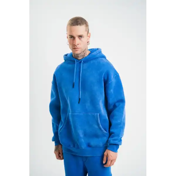 ERKEK 3 İplik Pamuklu Oversize Kapüşonlu Yıkamalı Hoodie SweatShirt - Mavi