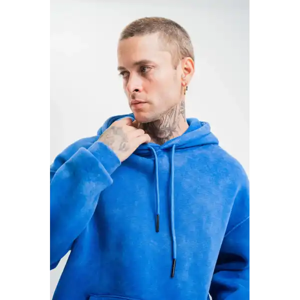 ERKEK 3 İplik Pamuklu Oversize Kapüşonlu Yıkamalı Hoodie SweatShirt - Mavi