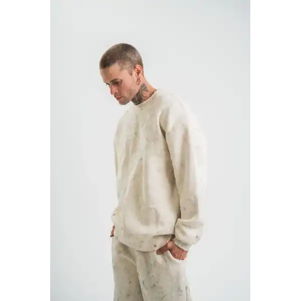 Erkek 3 İplik Pamuklu Yağ Yıkamalı Bisiklet Yaka Sweatshirt Oversize Hoodie - Krem