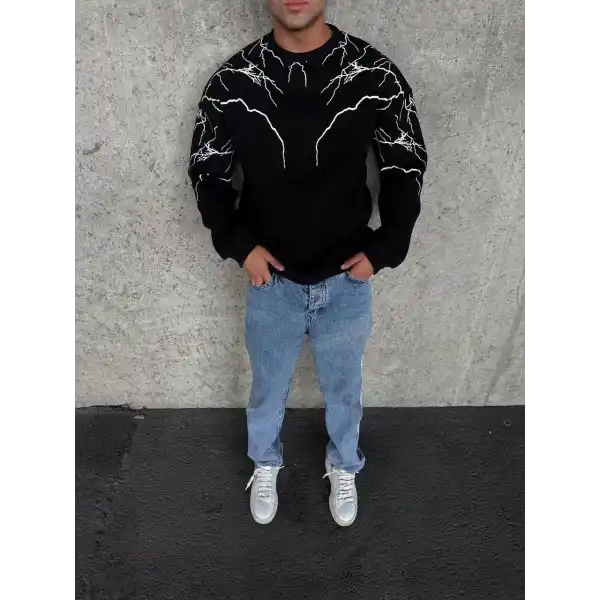 Erkek 3 iplik pamuklu Yıldırım Baskılı Bisiklet Yaka SweatShirt - Siyah