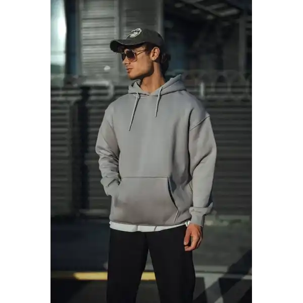 Erkek 3 İplik Penye Kapüşonlu Basic SweatShirt Hoodie - Boyalı Gri