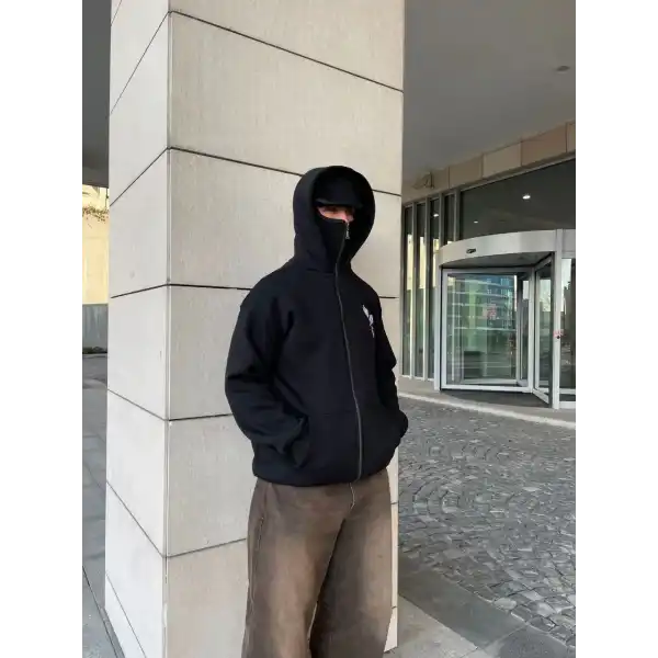 Erkek 3 iplik Samuray kapüşonlu ZIP Fermuarlı SweatShirt Hoodie - Siyah