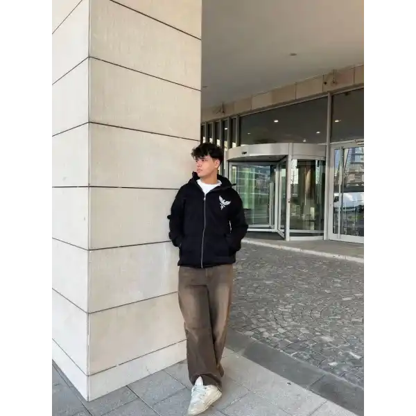 Erkek 3 iplik Samuray kapüşonlu ZIP Fermuarlı SweatShirt Hoodie - Siyah
