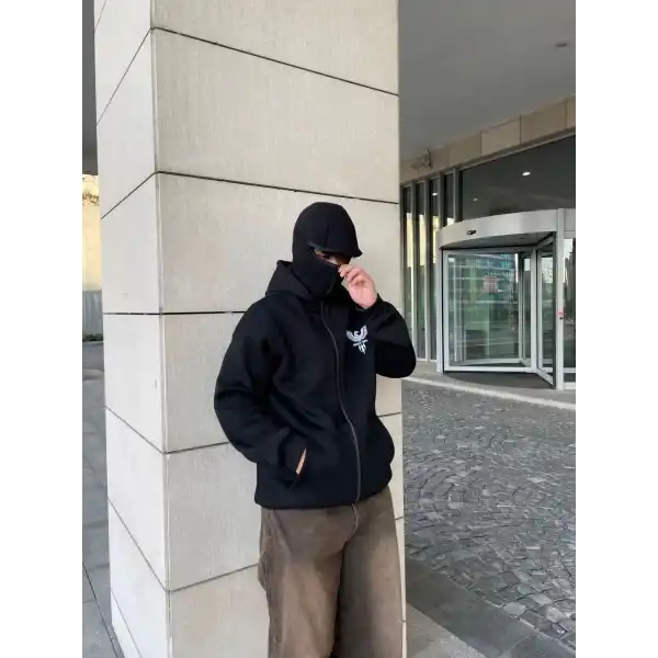 Erkek 3 iplik Samuray kapüşonlu ZIP Fermuarlı SweatShirt Hoodie - Siyah