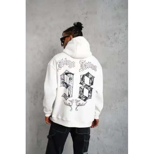 Erkek 98 Baskılı Kapşonlu 3 iplik pamuklu Sweatshirt hoodie - Beyaz